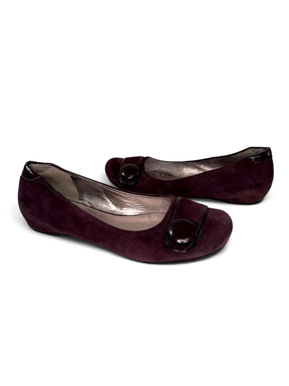 Ecco Boullion Ballet Flats Plum Suede Big Button Slip On Womens US 8.5-9M/39